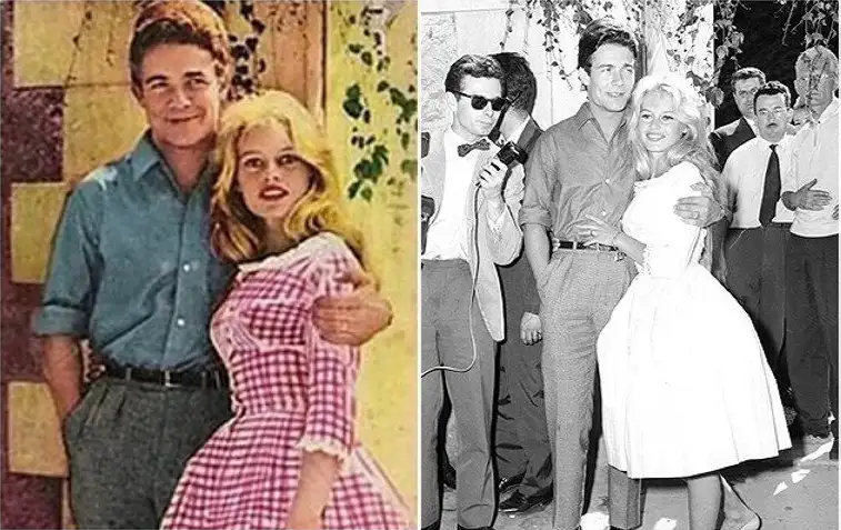 Brigitte Bardot con vestido de estampado vichy rosa junto a Jacques Charrier, en una imagen icónica de los años 50 que popularizó este tejido en la moda.